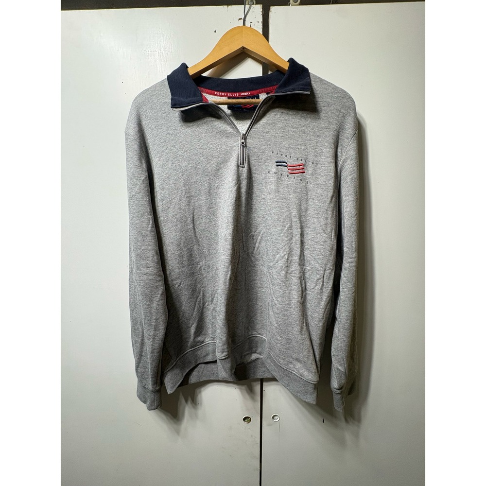 Perry Ellis America Quarter Zip Sweatshirt Mens Large Gray Fleece Pullover Logo